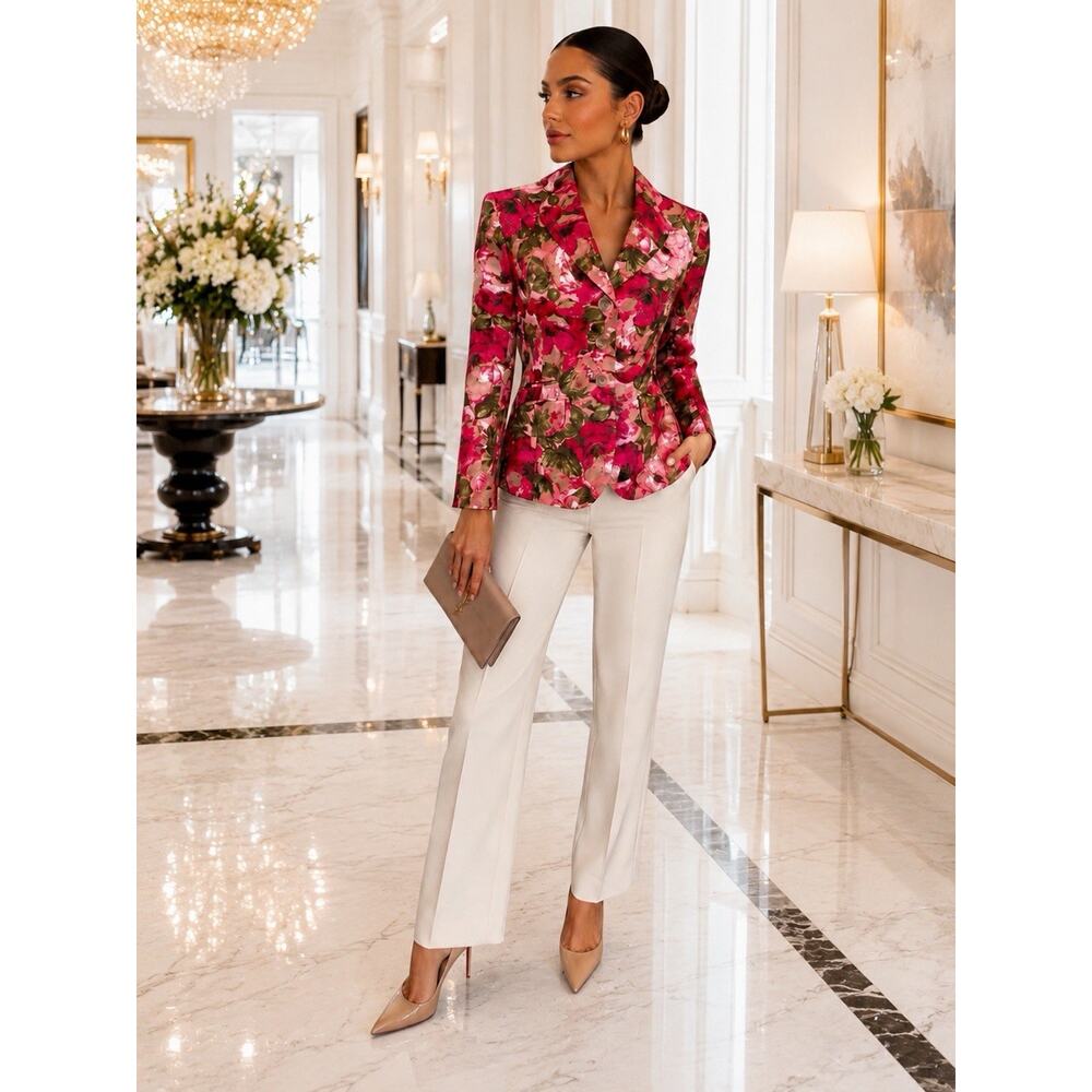 Ann Taylor Silk Floral Blazer Pink Red Rose Jacket Womens 6 Cropped Chic